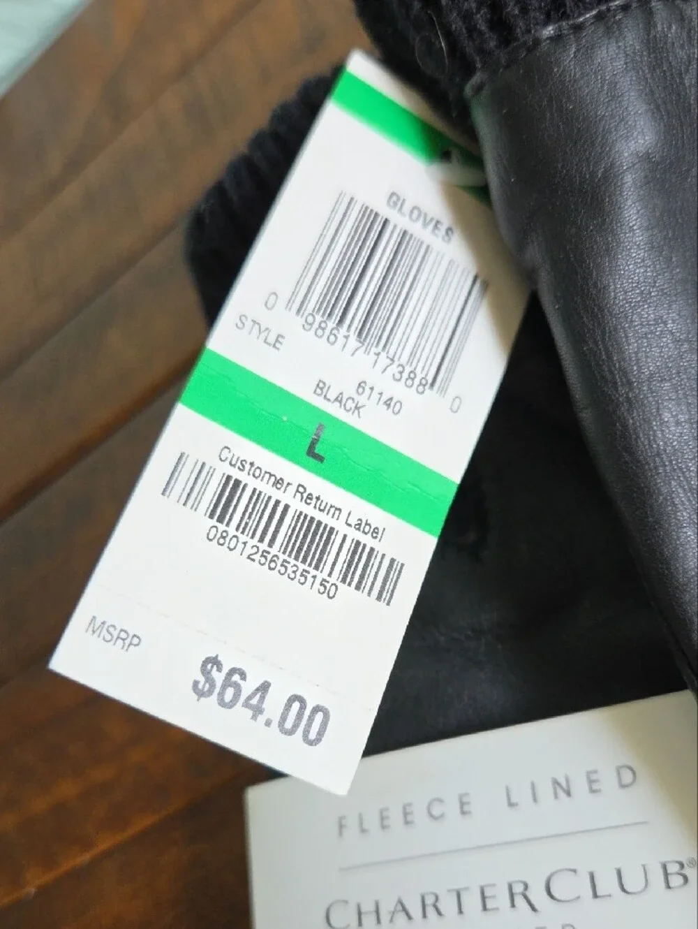 Nwt Charter Club Black Leather Fleece-Lined Gloves with Knit Cuffs